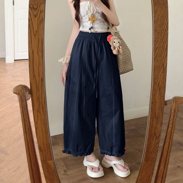Isaaca-Drawstring Waist Plain Frill Trim Cropped Wide Leg Pants