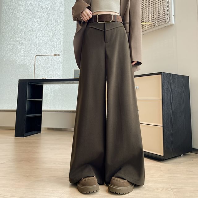 Isaaca-High Rise Plain Wide Leg Slacks
