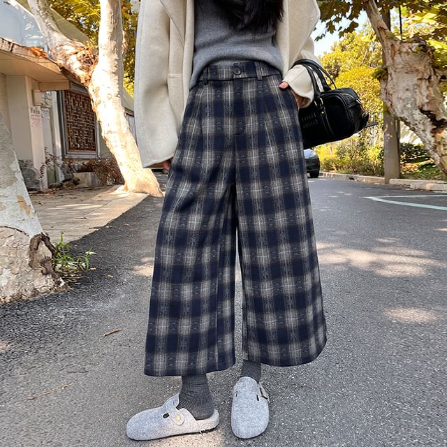 Isaaca-High Waist Plaid Crop Wide Leg Pants
