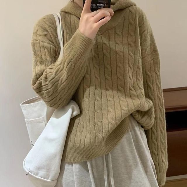Isaaca-Hooded Plain Cable Knit Sweater
