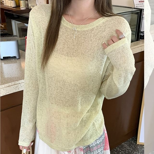 Isaaca-Long-Sleeve Crew Neck Plain Knit Top