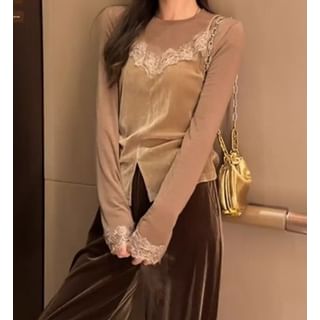 Isaaca-Long Sleeve Round Neck Lace Mock Two Piece Top