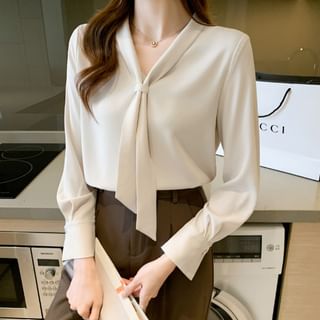 Isaaca-Long-Sleeve Scarf Neck Plain Blouse
