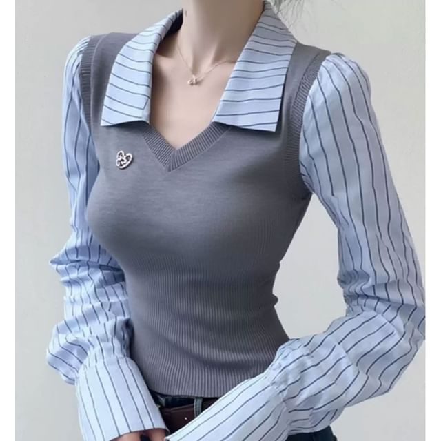 Isaaca-Mock Two-Piece Long-Sleeve Collared Striped Panel Slim Fit Crop Top