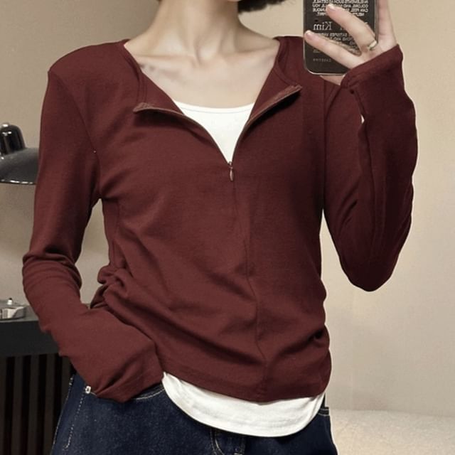 Isaaca-Mock Two-Piece Long-Sleeve Crew Neck Two Tone Half-Zip Tee