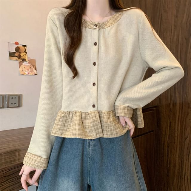 Isaaca-Round Neck Plaid Ruffle Trim Cardigan