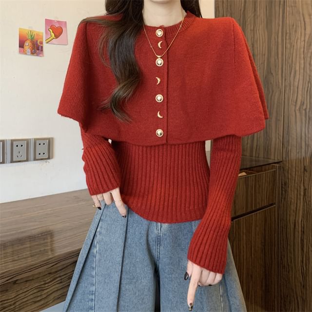 Isaaca-Set Long-Sleeve Plain Ribbed Knit Top Round Neck Cape
