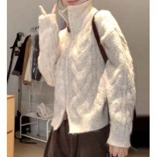 Isaaca-Stand Collar Zip-Up Plain Cable Knit Cardigan