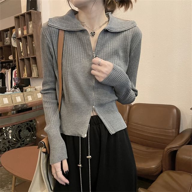 Isaaca-Stand Collar Zip-Up Plain Crop Cardigan