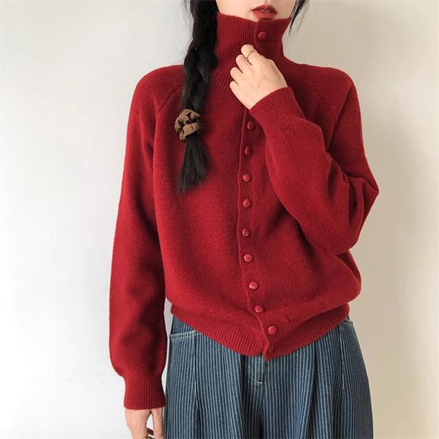 Isaaca-Turtleneck Plain Button Up Cardigan