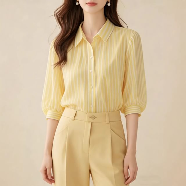 ISSOL-34-Sleeve Collared Striped Button-Up Blouse