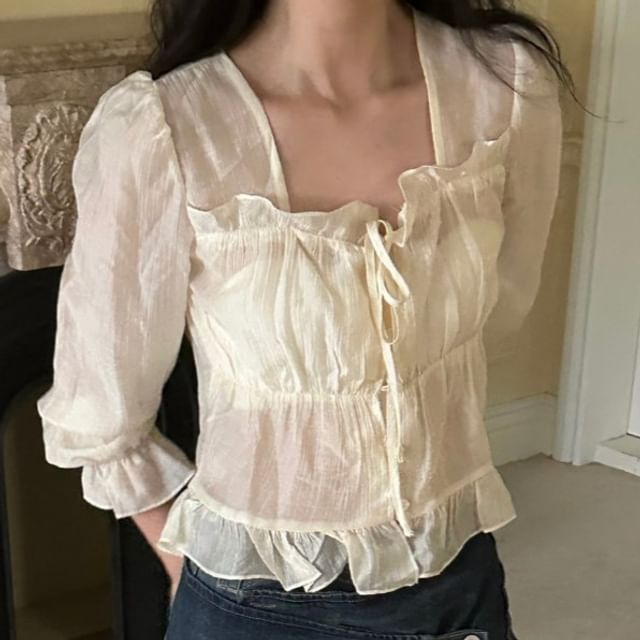 ISSOL-34-Sleeve Plain Ruffle Blouse