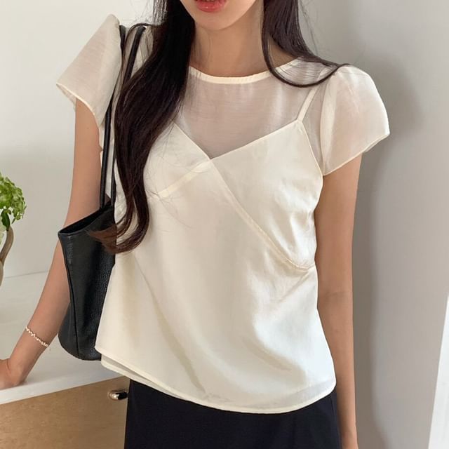 ISSOL-Cap Sleeve Round Neck Plain Mock Two Piece Top