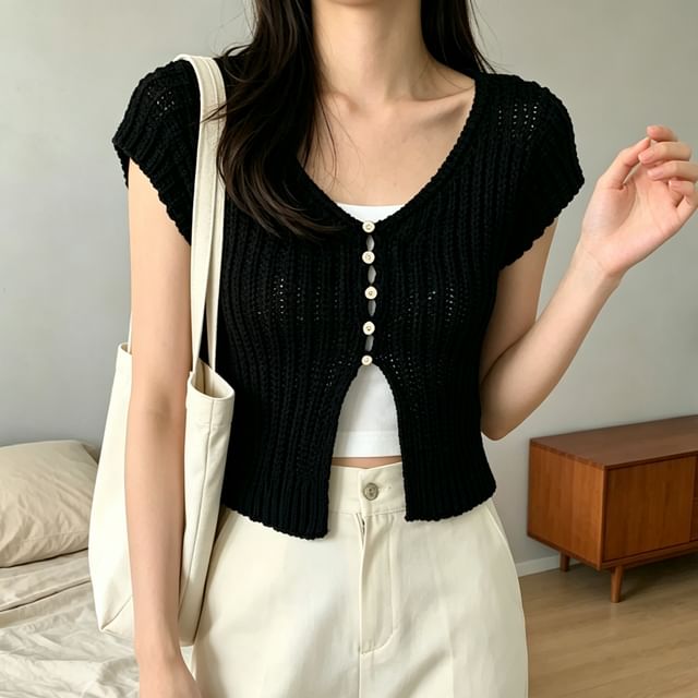 ISSOL-Cap-Sleeve V-Neck Slit Front Plain Crop Knit Top