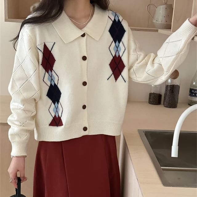 ISSOL-Collar Argyle Cardigan