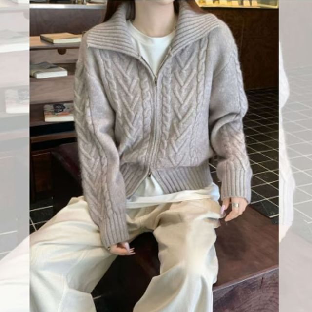 ISSOL-Collar Plain Cable Knit Zip Cardigan