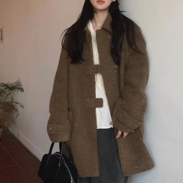 ISSOL-Collared Button-Up Plain Long Coat