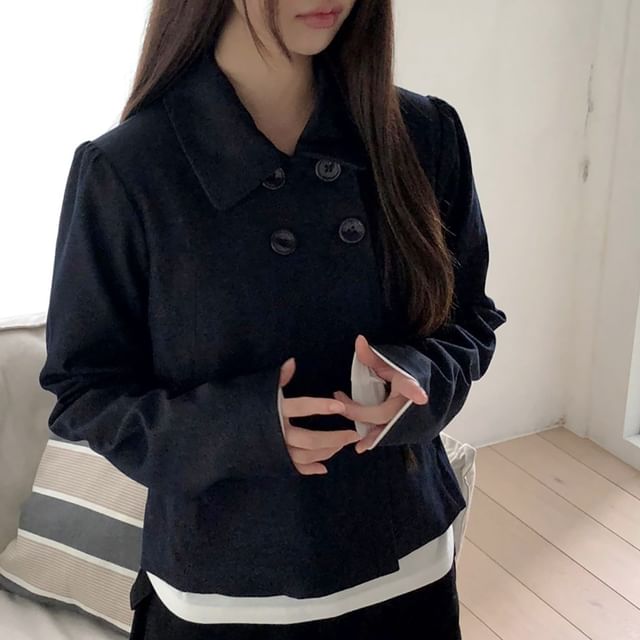 ISSOL-Collared Double Breasted Plain Crop Coat