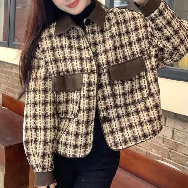 ISSOL-Collared Houndstooth Button-Up Jacket