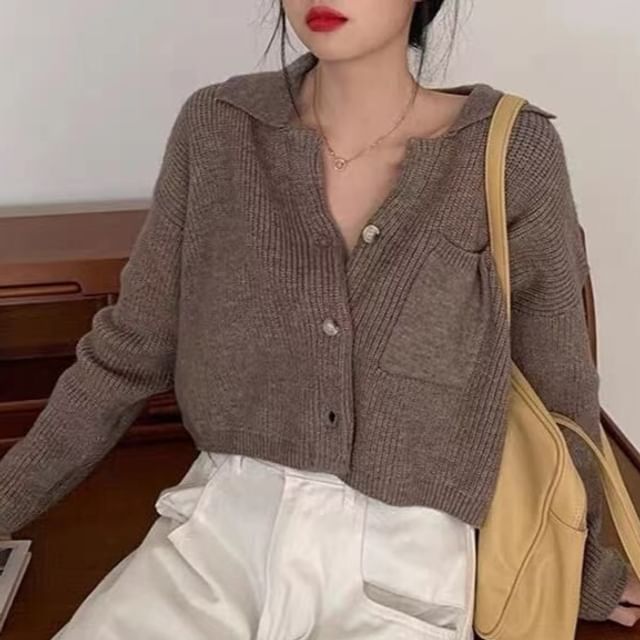ISSOL-Collared Plain Button Up Cropped Cardigan