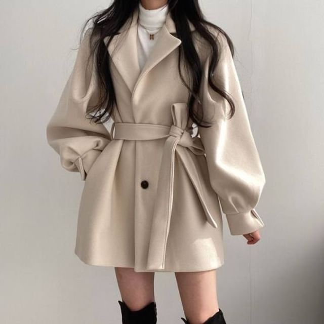 ISSOL-Collared Plain Tie Front Button Coat