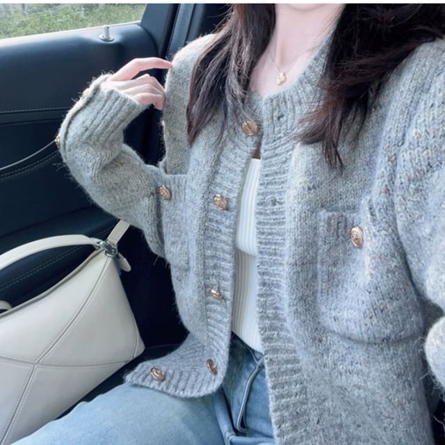 ISSOL-Crew Neck Plain Pocket Front Cardigan