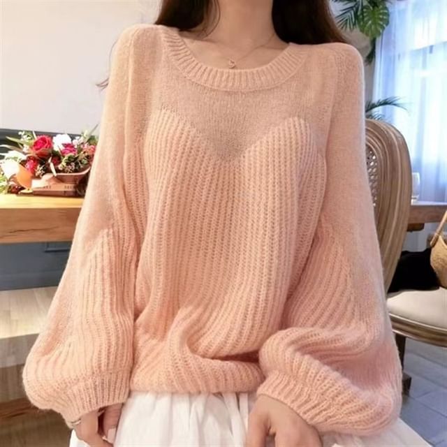 ISSOL-Crew Neck Plain Sheer Panel Sweater