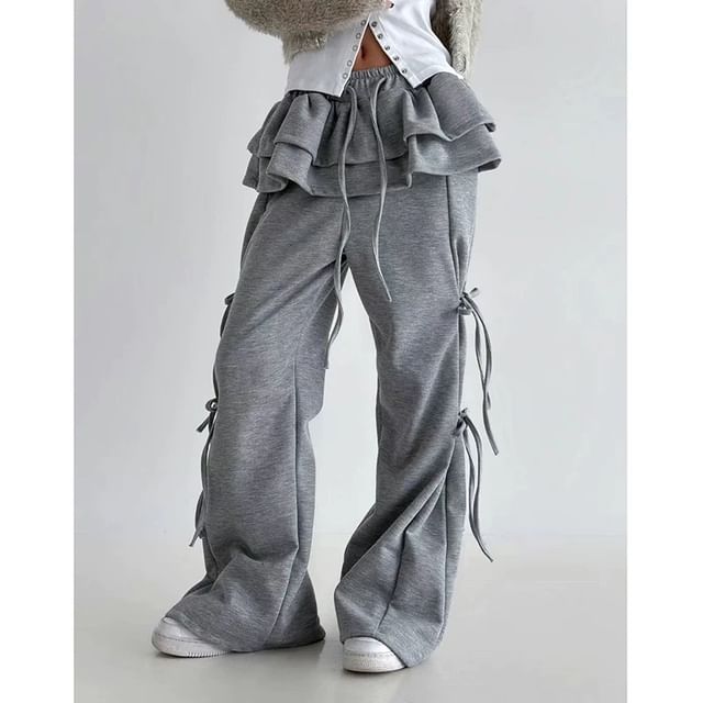 ISSOL-Drawstring Waist Plain Layered Ruffle Skirt Overlay Flared Sweatpants