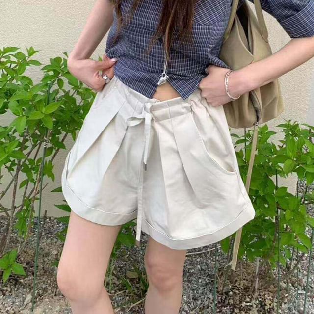ISSOL-Drawstring Waist Plain Pleated Shorts