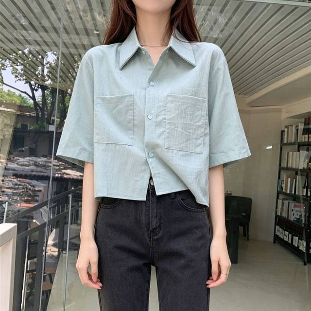 ISSOL-Elbow-Sleeve Button-Up Plain Crop Shirt