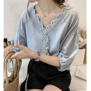 ISSOL-Elbow Sleeve V-Neck Plain Panel Lace Blouse