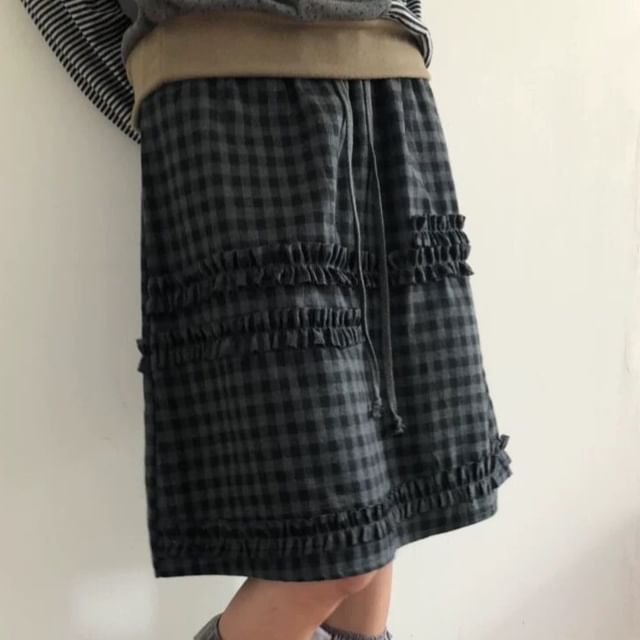 ISSOL-High Waist Gingham Ruffle Straight Skirt