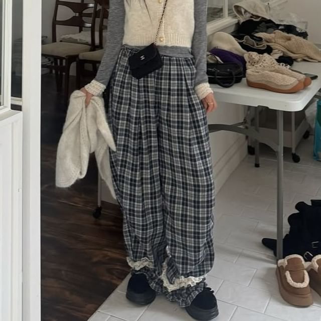 ISSOL-High Waist Plaid Wide Leg Pants