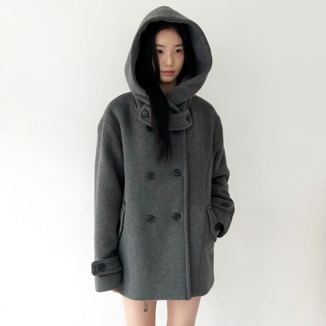 ISSOL-hooded Double Breasted Plain Long Coat