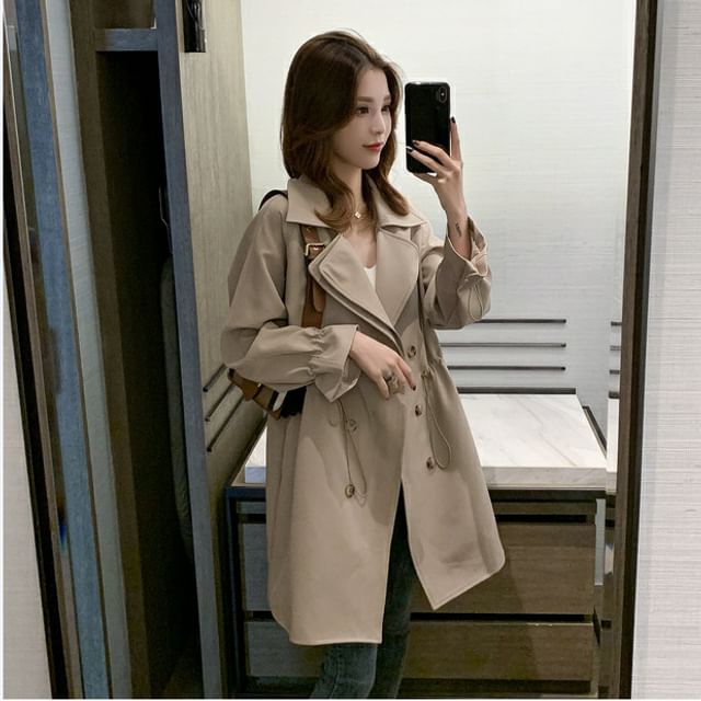 ISSOL-Layered Collar Plain Drawstring Double Breasted Trench Coat