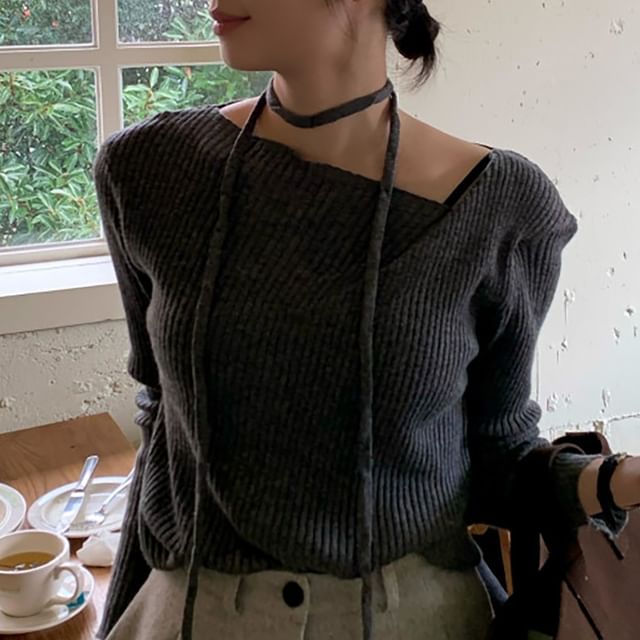 ISSOL-Long Sleeve Asymmetrical Neck Plain Ribbed Knit Top