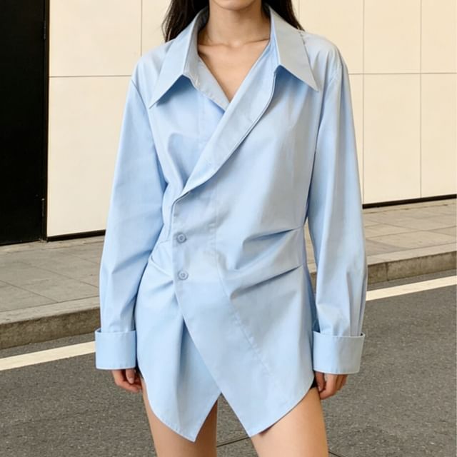 ISSOL-Long-Sleeve Asymmetrical Plain Shirt
