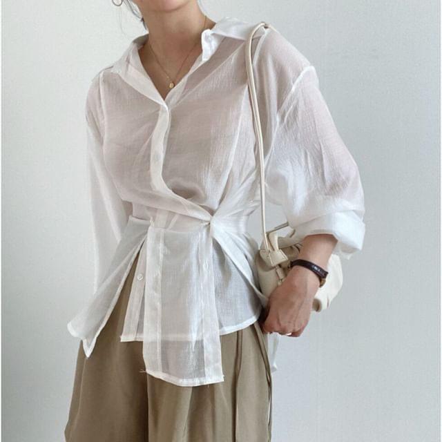 ISSOL-Long-Sleeve Button-Up Plain Sheer Slit Shirt