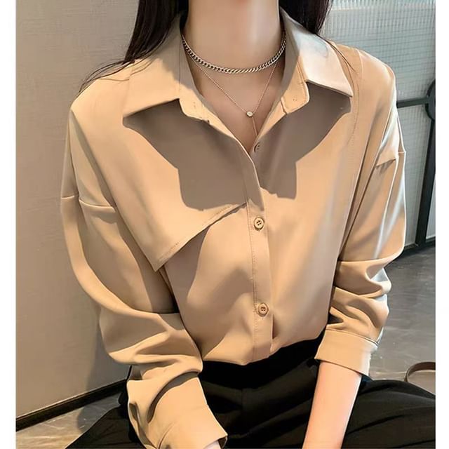 ISSOL-Long-Sleeve Button-Up Plain Shirt