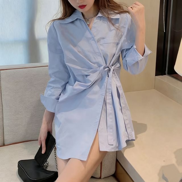 ISSOL-Long-Sleeve Collared Asymmetrical Tie Waist Button-Up Plain Blouse