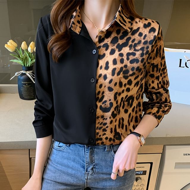 ISSOL-Long Sleeve Collared Leopard Print Panel Shirt