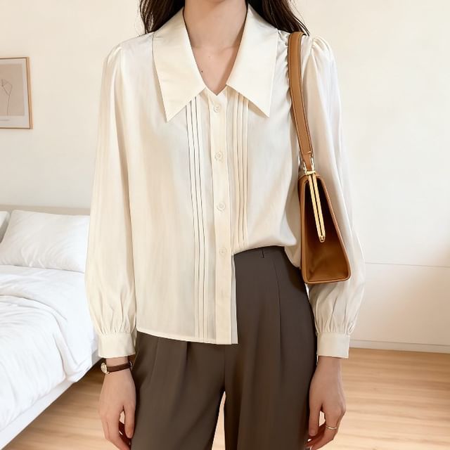 ISSOL-Long-Sleeve Collared Pintuck Button-Up Plain Blouse