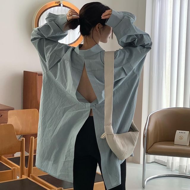 ISSOL-Long-Sleeve Collared Plain Backless Oversized Shirt