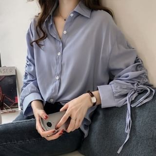 ISSOL-Long Sleeve Collared Plain Drawstring Shirt