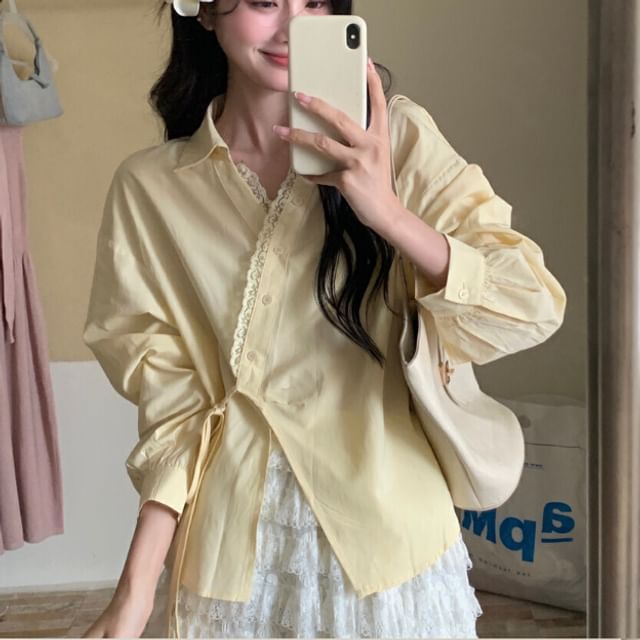 ISSOL-Long Sleeve Collared Plain Lace Trim Wrap Shirt