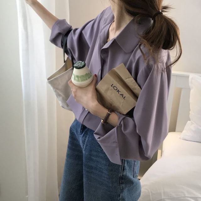 ISSOL-Long Sleeve Collared Plain Shirt