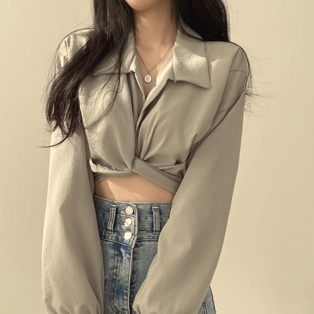 ISSOL-Long Sleeve Collared Plain Tie Back Crop Shirt