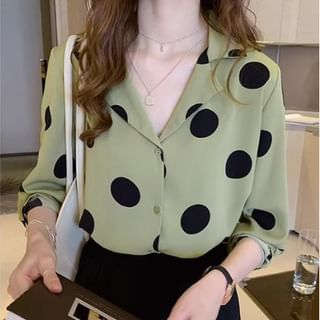 ISSOL-Long Sleeve Collared Polka Dot Blouse