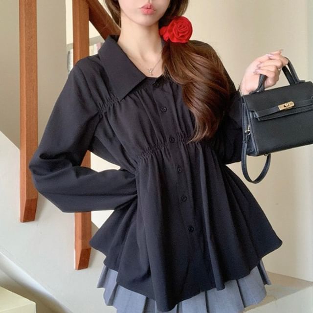 ISSOL-Long-Sleeve Collared Ruched Button-Up Plain Blouse