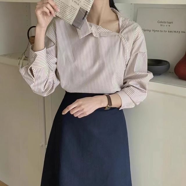 ISSOL-Long-Sleeve Collared Striped Asymmetrical Buttoned Blouse